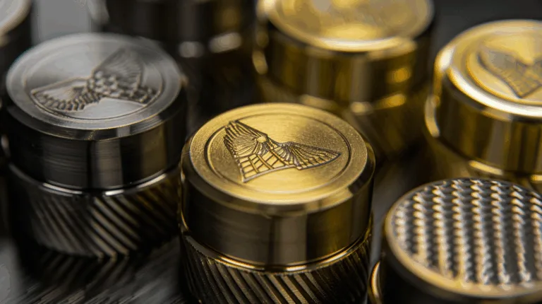 Custom metal caps with engraved and embossed brand logos in premium finishes.