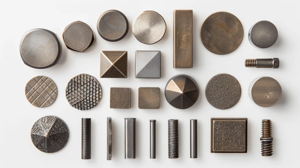A collection of custom metal caps in various shapes and metal finishes.