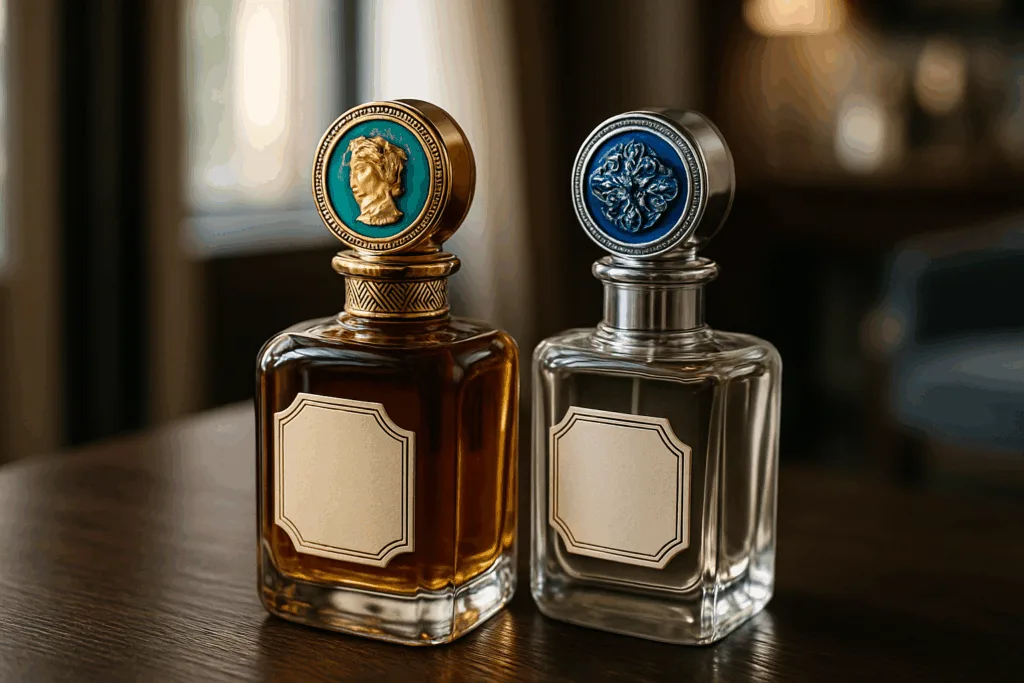 This image places finished export metal caps in real-world luxury applications, showing their branding and shelf impact on spirits and perfume packaging, supporting the export topic’s end-use relevance for buyers.
