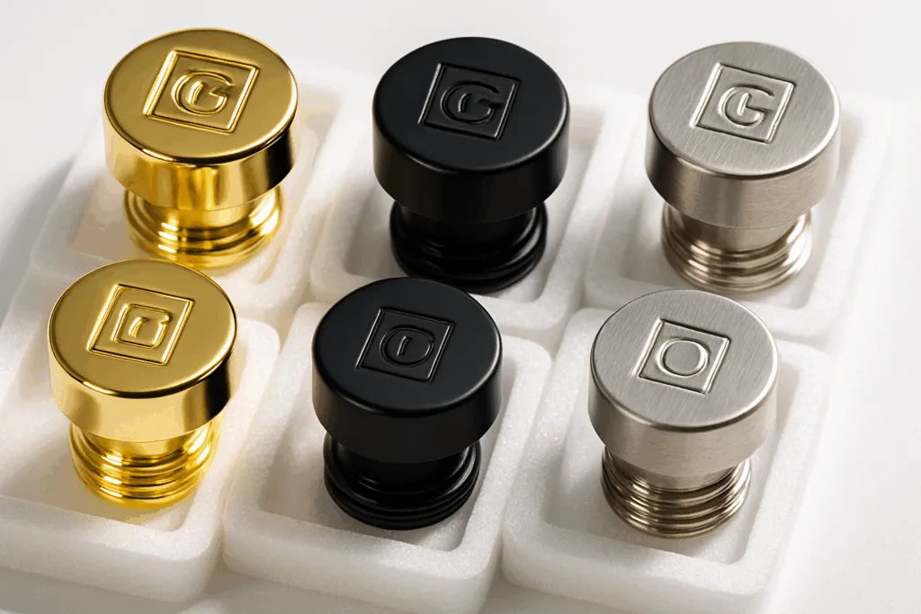 This image displays an assortment of zinc-alloy bottle caps with premium finishes arrayed in custom export EPE trays, emphasizing the visual quality, fit interfaces, and packing preparations essential for international shipping.