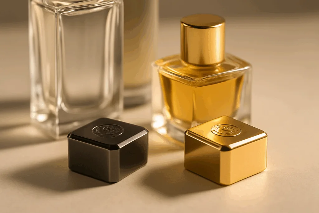 This close-up lifestyle composition displays completed zinc-alloy bottle caps for high-end fragrances and spirits, emphasizing flawless micro-chamfers, precise radii, and sophisticated electroplated surfaces. It illustrates the consumer-facing value of precision manufacturing.