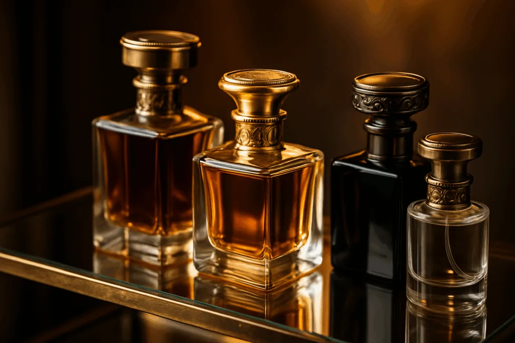 Luxury packaging on display, featuring spirits and fragrance bottles capped with custom zinc alloy closures in varied finishes. The image illustrates real-world results of strong supplier partnerships.