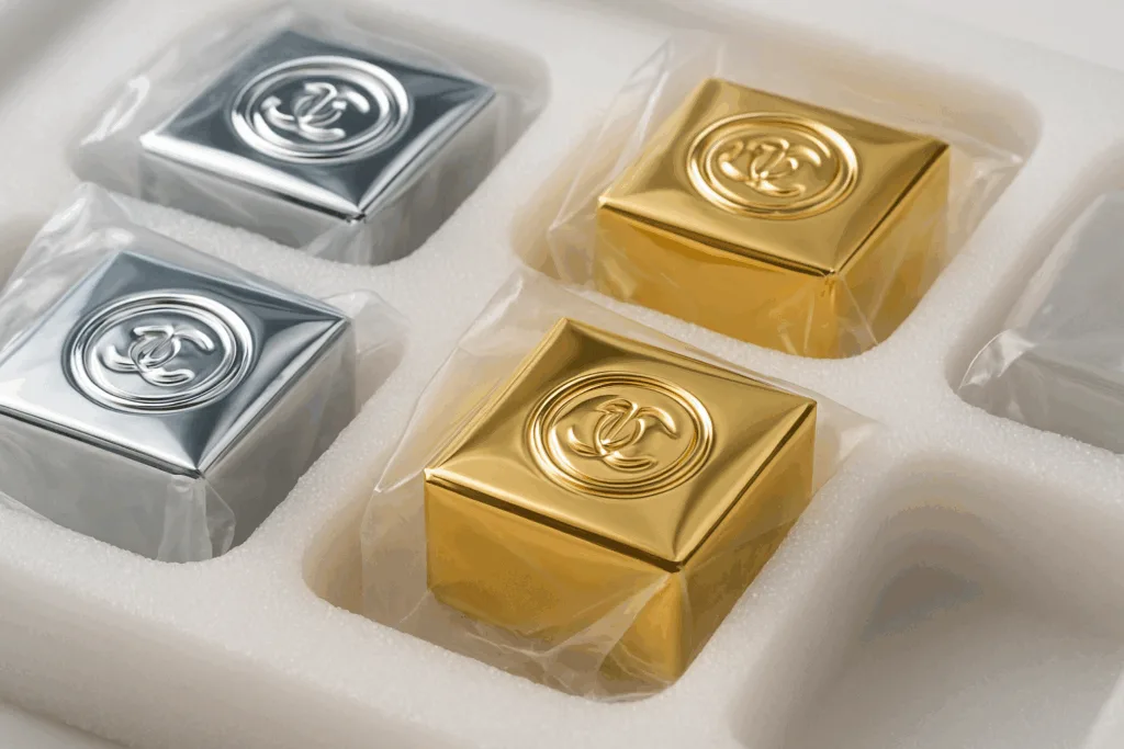 This macro image highlights zinc alloy perfume caps protected from scratches by individual polybags and EPE foam trays, supporting the section on finish protection. It showcases reflective finishes and custom tray fit.