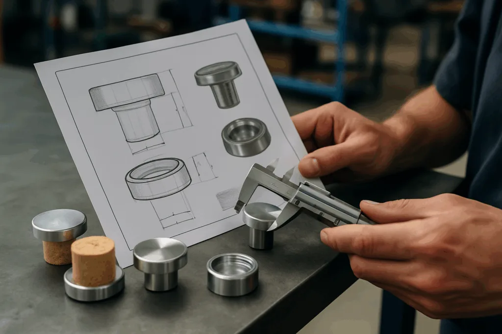 The photo shows a technician cross-checking cap samples against technical drawings, illustrating how clear documentation minimizes manufacturing errors through real-world fit and finish checks.