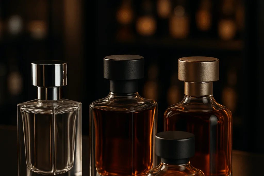 This image displays perfume and spirits bottles showcased with expertly finished zinc alloy caps. The consistent fit and branding demonstrate how detailed drawings achieve flawless, high-impact packaging outcomes.