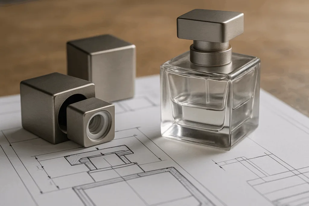 A detailed macro-style workspace view showing zinc alloy perfume caps beside annotated CAD drawings, highlighting sample validation and the need for complete specifications.