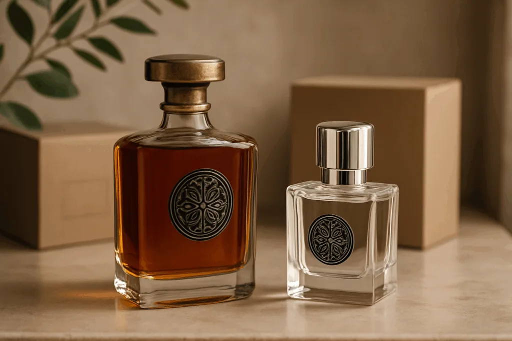 A lifestyle scene featuring high-end spirits and perfume bottles equipped with zinc alloy caps, displaying branded engraving, color matching, and premium aesthetic alignment.