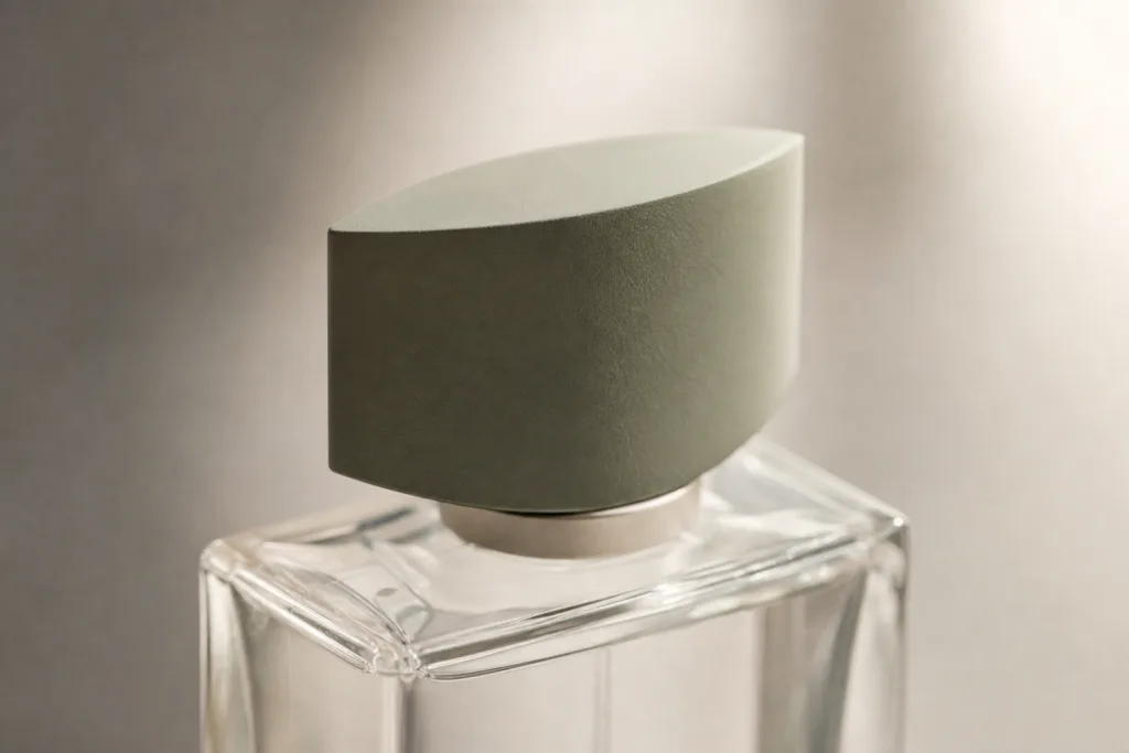 Ultra realistic close-up of a niche perfume bottle featuring a heavy zinc alloy cap with a matte painted finish, minimalist glass bottle design, and boutique fragrance packaging detail under soft natural studio lighting.