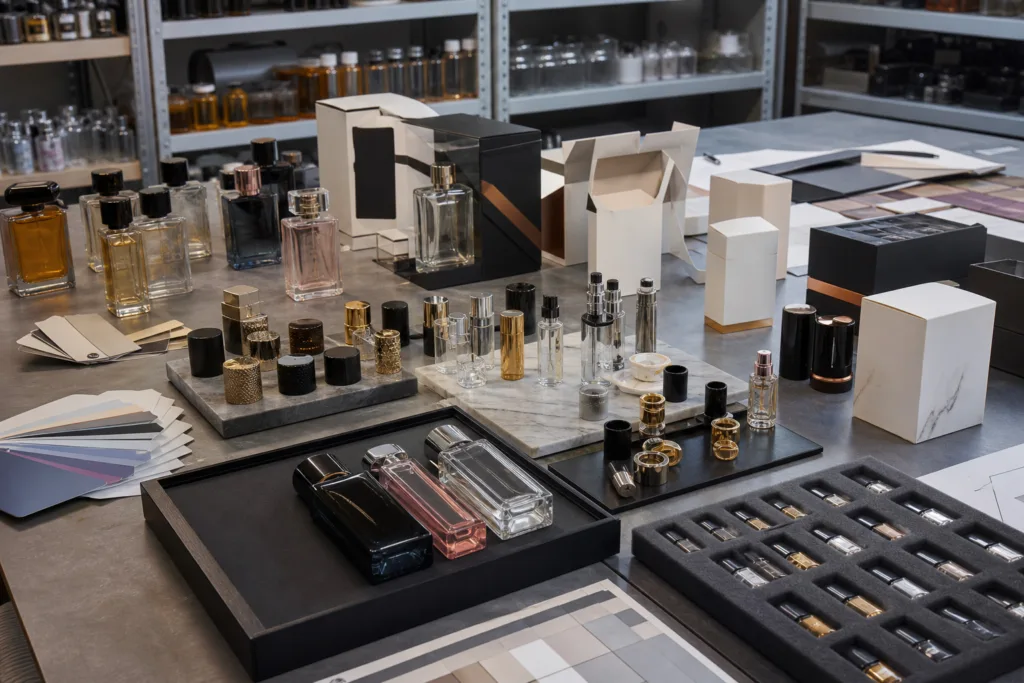 A professional private-label fragrance packaging workspace showing organized perfume bottles, cap samples, finish charts, and packing components in a realistic B2B product development setting.