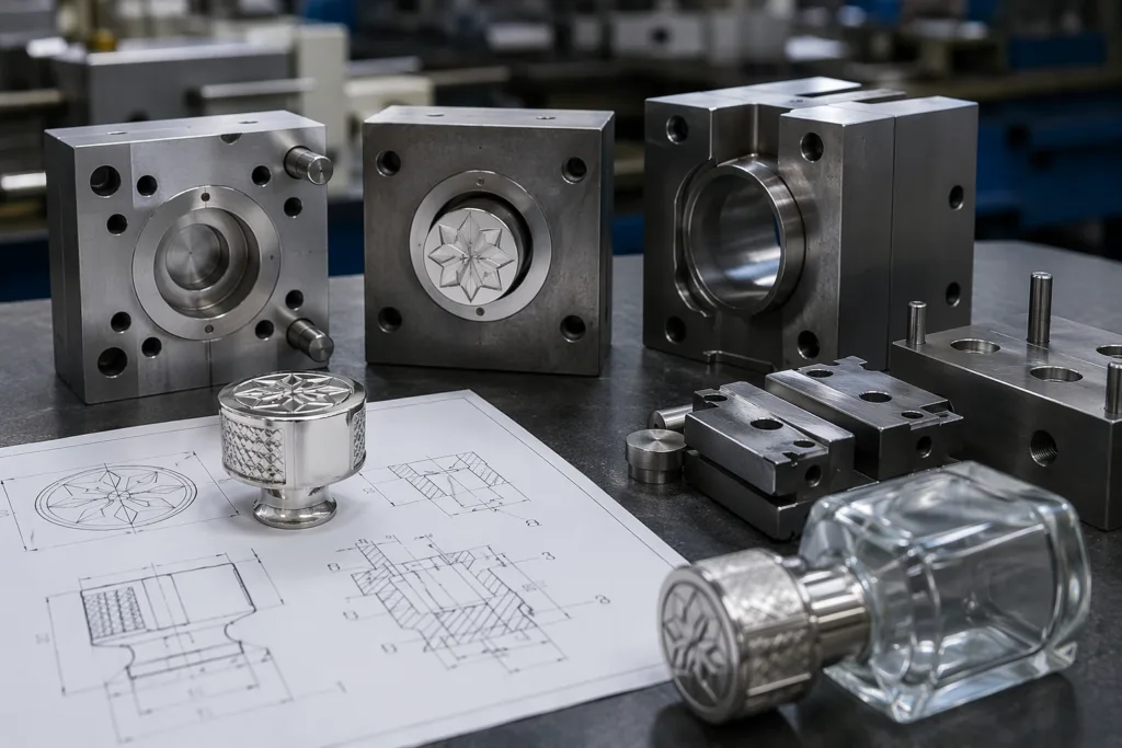A realistic industrial manufacturing scene for perfume packaging development, featuring engraved mold inserts, a zinc alloy cap prototype, and technical drawing sheets on a precision tooling workbench.
