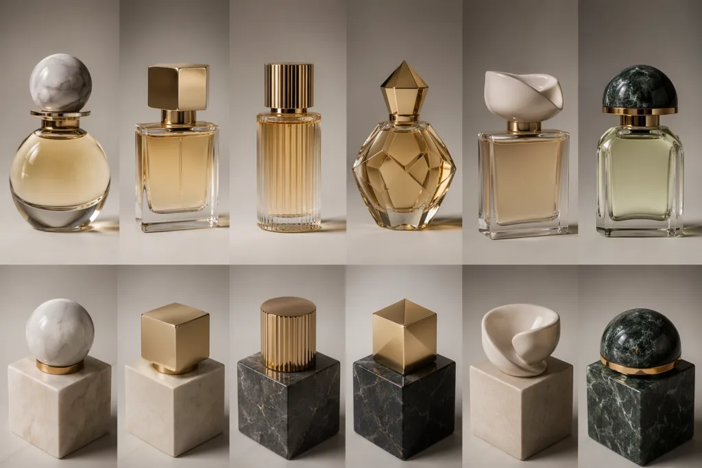 Photorealistic studio product display of custom signature perfume caps and matching premium glass bottles, styled for luxury fragrance packaging design and product development.