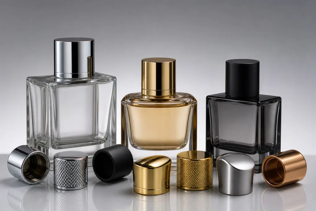 Custom perfume bottle cap options for cosmetic packaging buyers