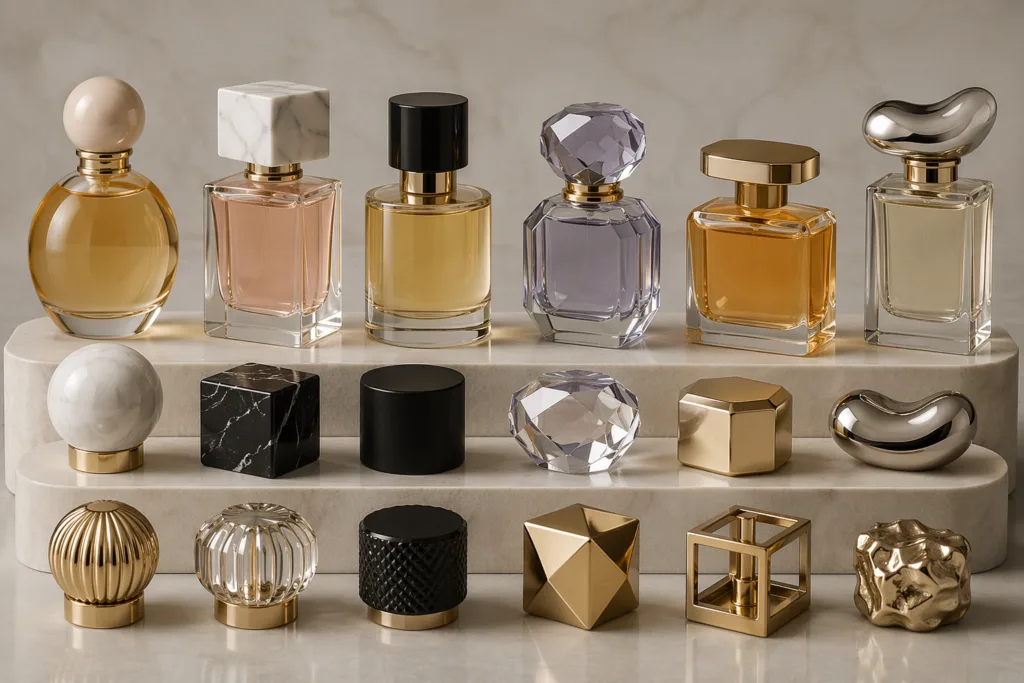 Photorealistic luxury fragrance packaging scene featuring round, square, cylindrical, geometric, and sculptural perfume caps arranged with matching glass bottles in a clean technical layout.