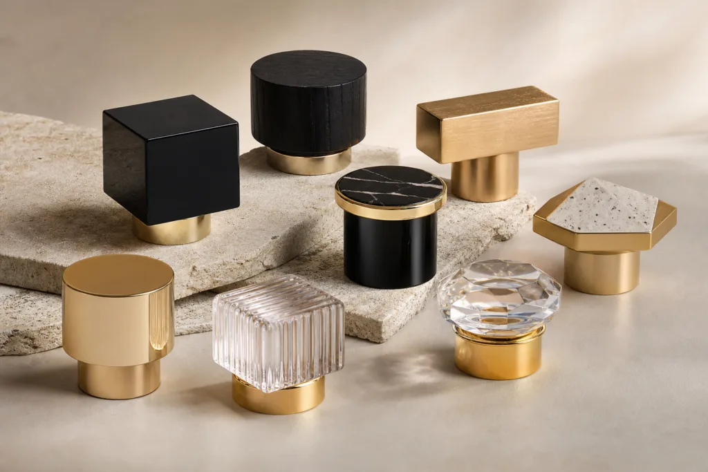Ultra realistic product scene of branded fragrance packaging components with assorted custom perfume bottle cap shapes, styled in a modern cosmetic packaging mood against a neutral background.