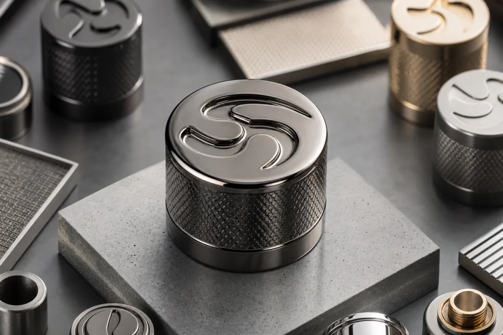 A realistic studio close-up of a premium zinc alloy perfume cap featuring precise engraved, embossed, and debossed abstract branding details on polished and matte finishes, placed on a clean manufacturing sample table.