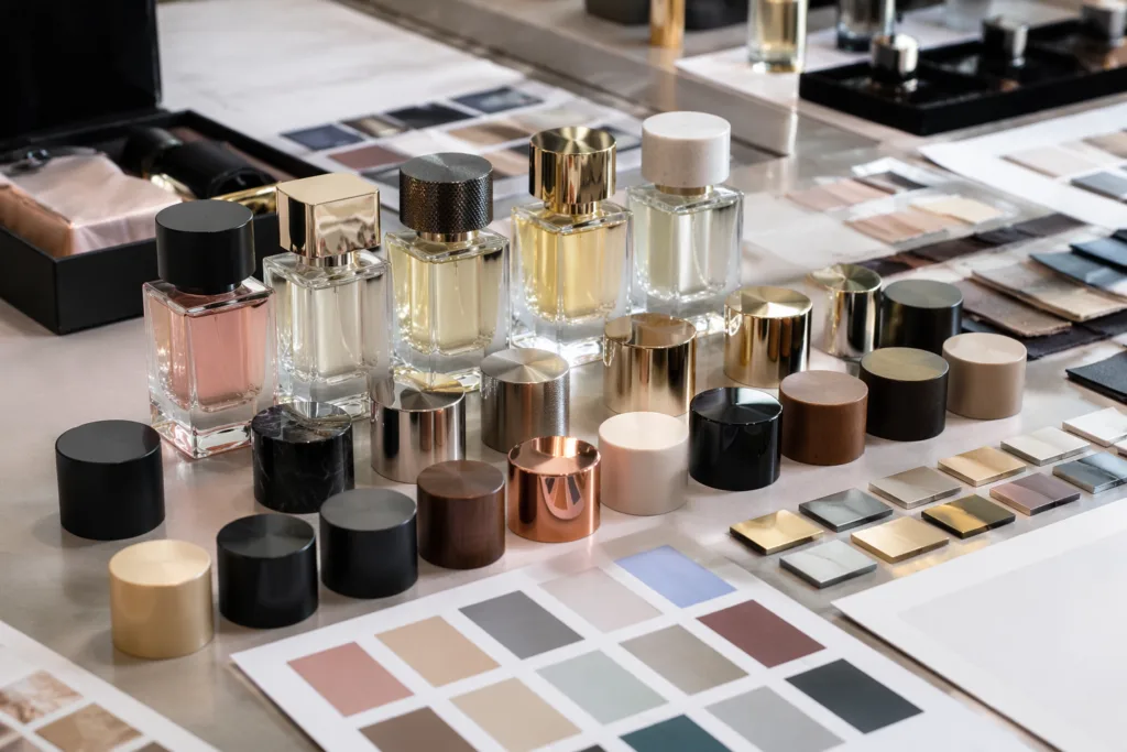 A premium B2B fragrance packaging development scene showing custom perfume bottle cap samples in matching brand colors beside glass perfume bottles, with color swatches and finish samples on a clean design studio table.