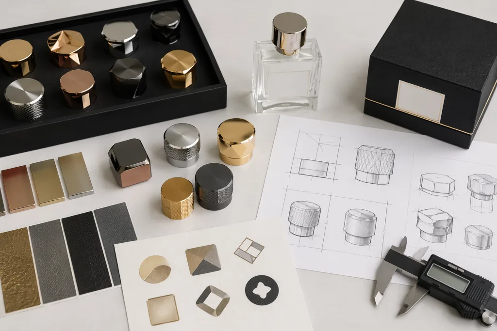 A premium B2B fragrance packaging development scene showing electroplated perfume cap samples, a glass perfume bottle sample, drawing sheets, finish chips, a caliper, and packaging references arranged neatly on a clean desk under realistic studio lighting.