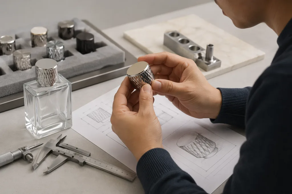 evaluating custom perfume cap sample and bottle fit