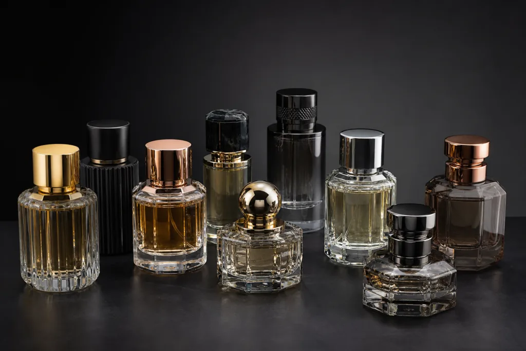 Ultra-realistic product photography showcasing niche luxury perfume packaging with electroplated metallic caps in multiple finishes on elegant glass bottles.