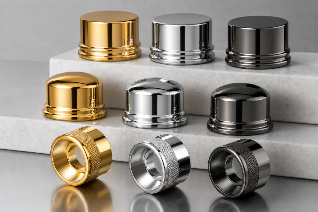 Electroplated perfume caps in multiple metallic finishes