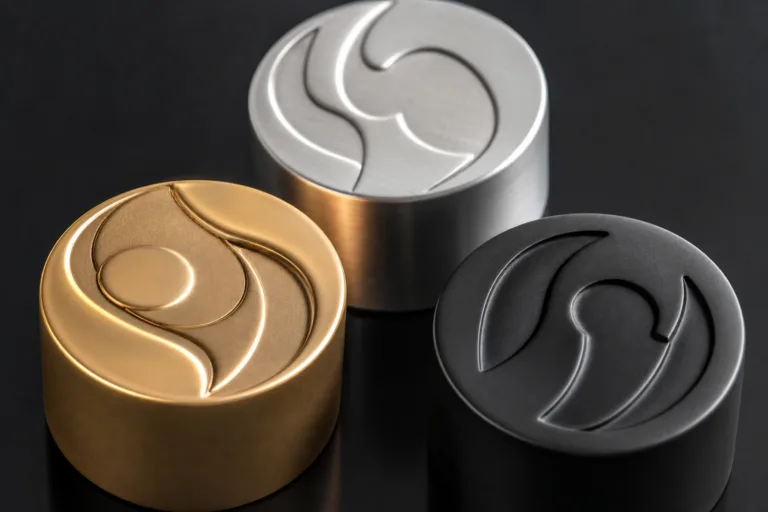 Luxury fragrance packaging macro featuring embossed and debossed branding samples on custom metal perfume caps, highlighting craftsmanship, surface detail, and premium finishes in champagne gold, satin silver, and matte black.