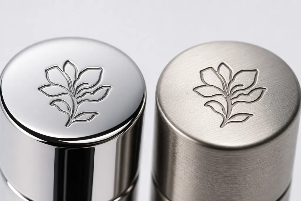 engraved logo on polished and brushed perfume caps