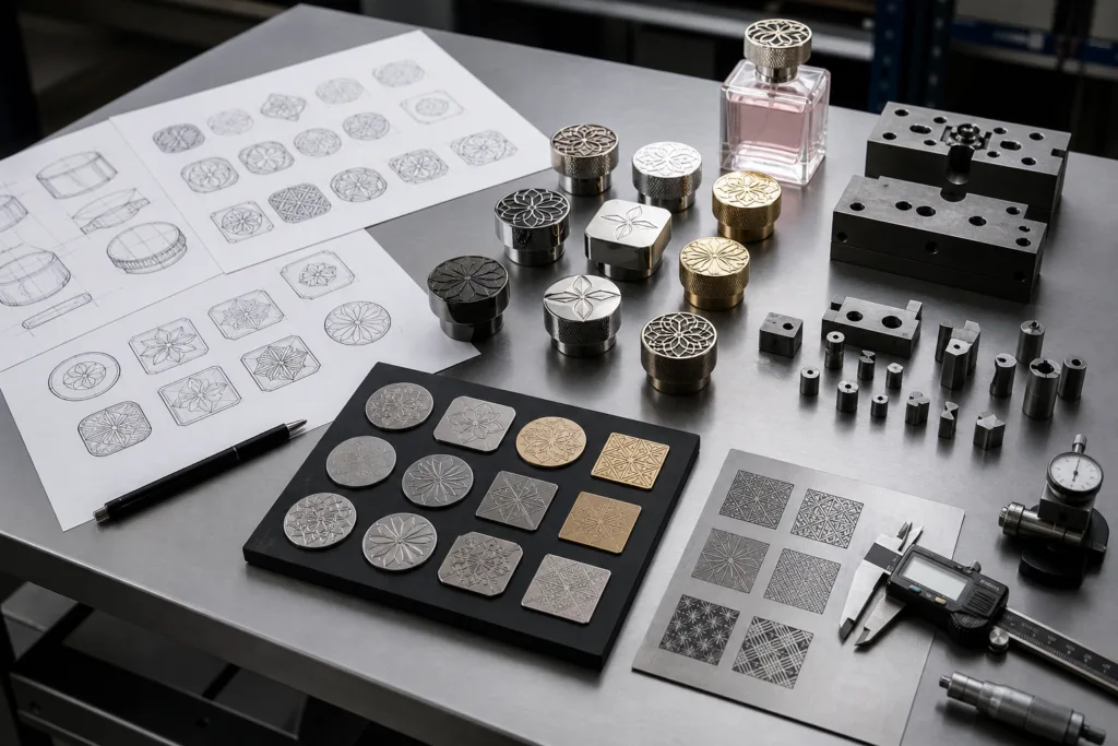 A clean industrial studio scene for premium packaging manufacturing, featuring engraved perfume cap samples, logo development artwork sheets without readable text, sample plates, small mold components, and measuring tools carefully organized on a factory workbench.