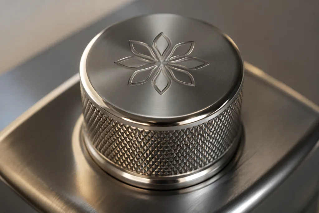 engraved zinc alloy perfume cap finish detail