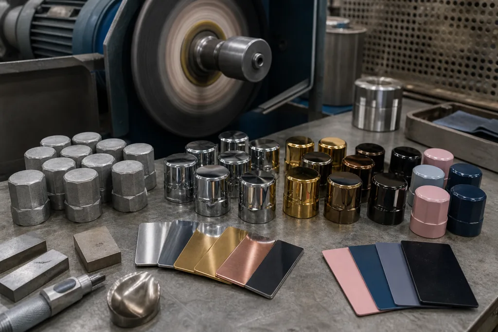 A realistic B2B factory scene showing polishing and finishing samples for perfume caps, including zinc alloy blanks, polished, electroplated, and painted cap samples on a workbench with tools and finish swatches.