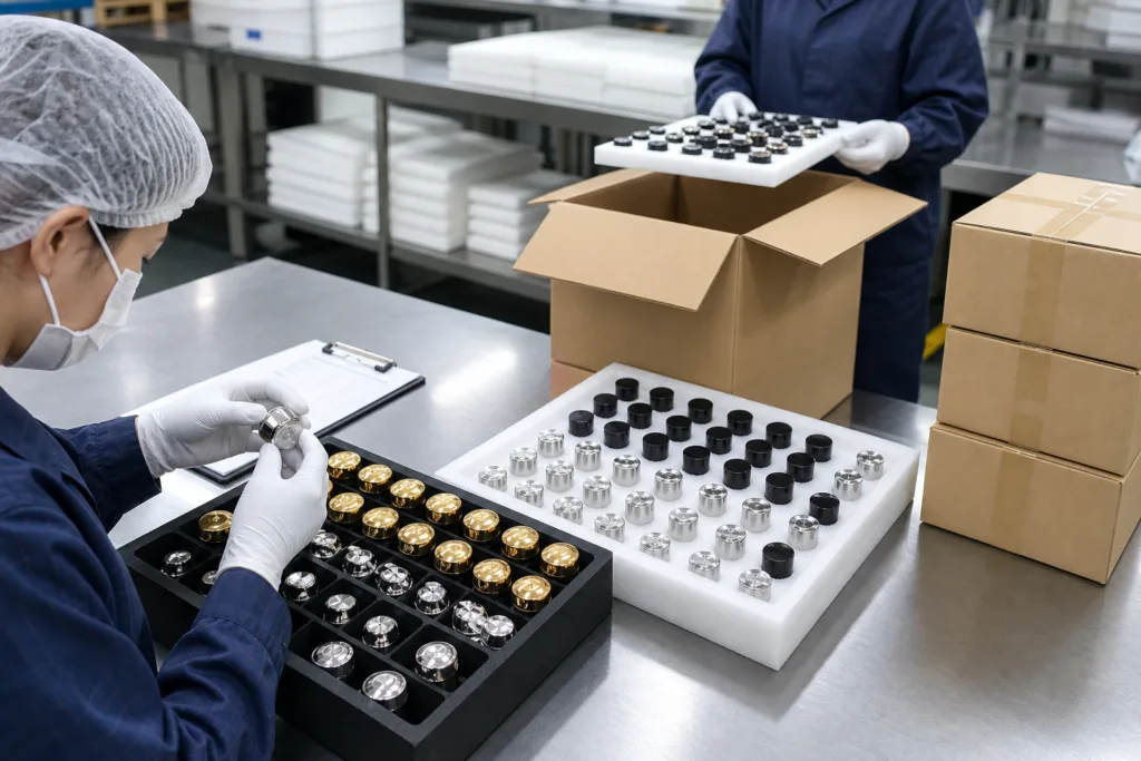 final inspection and export packing for perfume caps
