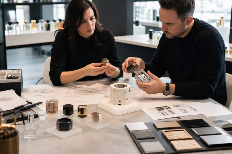 A realistic editorial scene of a fragrance design agency studio showing industrial designers evaluating custom perfume cap concepts, with prototypes, sketches, material samples, and luxury packaging development details in clean modern lighting.