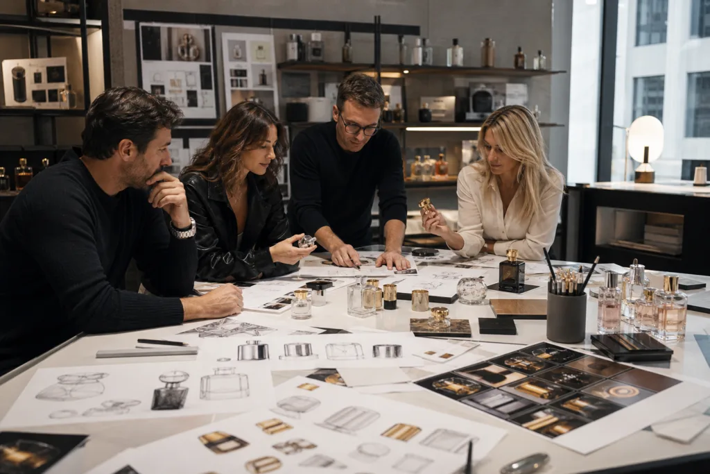 A photorealistic premium packaging development scene showing a creative yet professional fragrance design agency. Designers collaborate around custom zinc alloy perfume cap concepts, sketches, material samples, and bottle mockups in a highly detailed studio setting.
