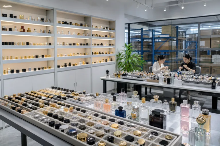 Realistic B2B fragrance packaging showroom scene with organized cap trays, perfume bottle samples, and a quality inspection setup in a clean warehouse environment.