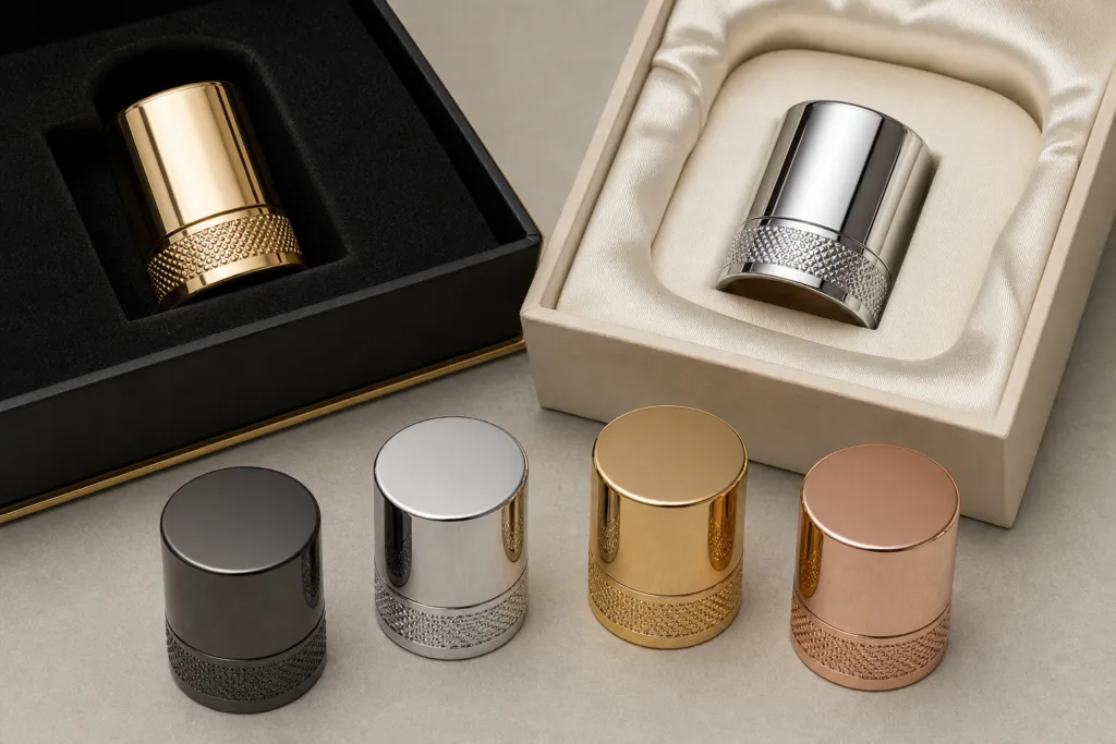 Zinc alloy perfume caps for fragrance gift sets