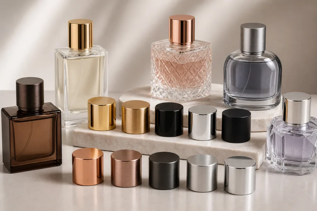 Finish options for caps used on glass perfume bottles