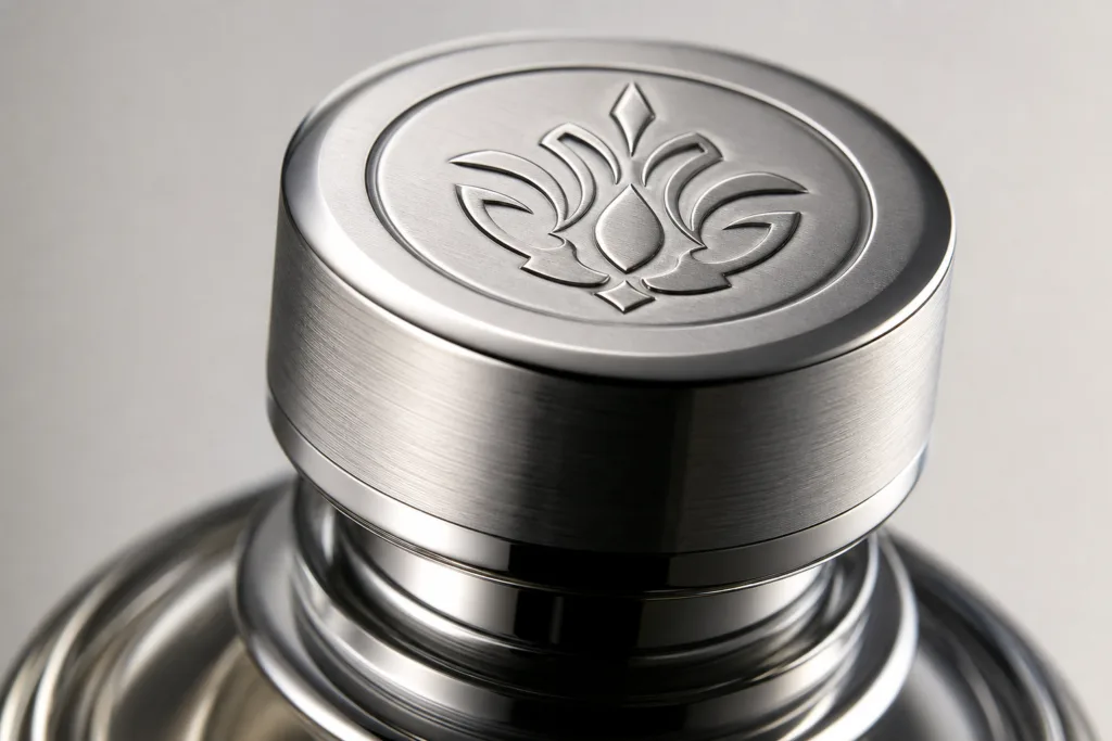 custom heavy metal perfume cap with engraved logo