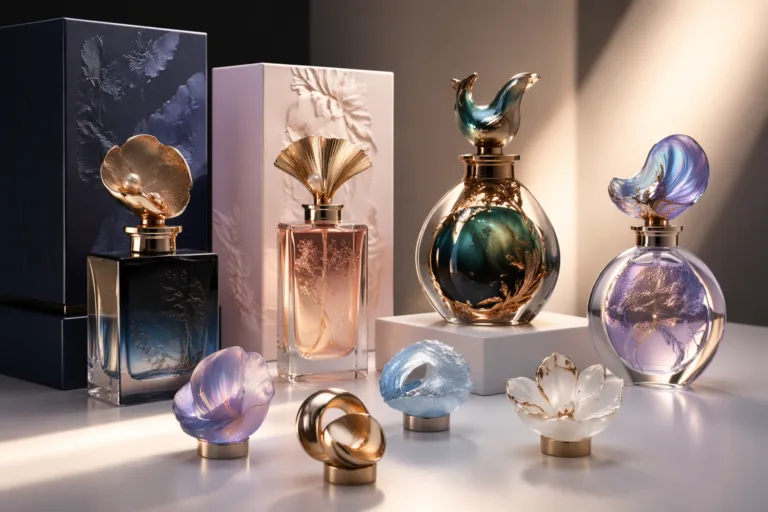 Photorealistic studio composition of limited edition luxury perfume caps featuring custom metallic colors, plating effects, seasonal finish details, and unique cap shapes, presented with premium collectible fragrance bottles.