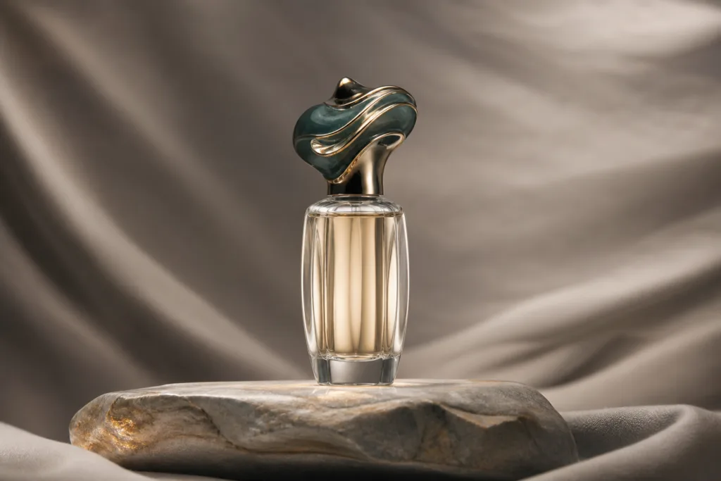 A luxurious fragrance campaign image featuring an elegant glass perfume bottle topped with a unique sculpted metal cap. The cap has a special painted finish with subtle metallic detailing, presented in a dramatic soft-lit studio setting with an artistic packaging mood. Clean composition, no text, no logo.