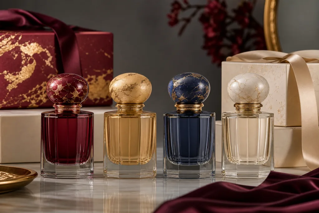 Realistic studio product photography of painted perfume caps for a limited edition fragrance collection, featuring seasonal colors and luxury packaging details.