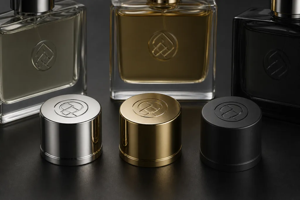 High-end B2B product photography of custom engraved zinc alloy perfume caps in polished silver, champagne gold, and matte black, shown with elegant glass perfume bottles on a clean dark gray background.