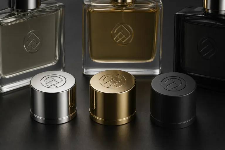 High-end B2B product photography of custom engraved zinc alloy perfume caps in polished silver, champagne gold, and matte black, shown with elegant glass perfume bottles on a clean dark gray background.