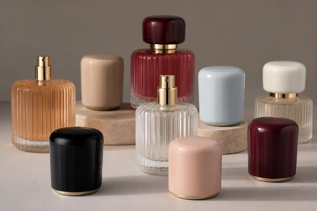 High-end studio product photography of luxury custom painted perfume caps in refined matte and glossy finishes, presented with elegant glass perfume bottles on a clean warm gray background with soft shadows and a premium packaging aesthetic.