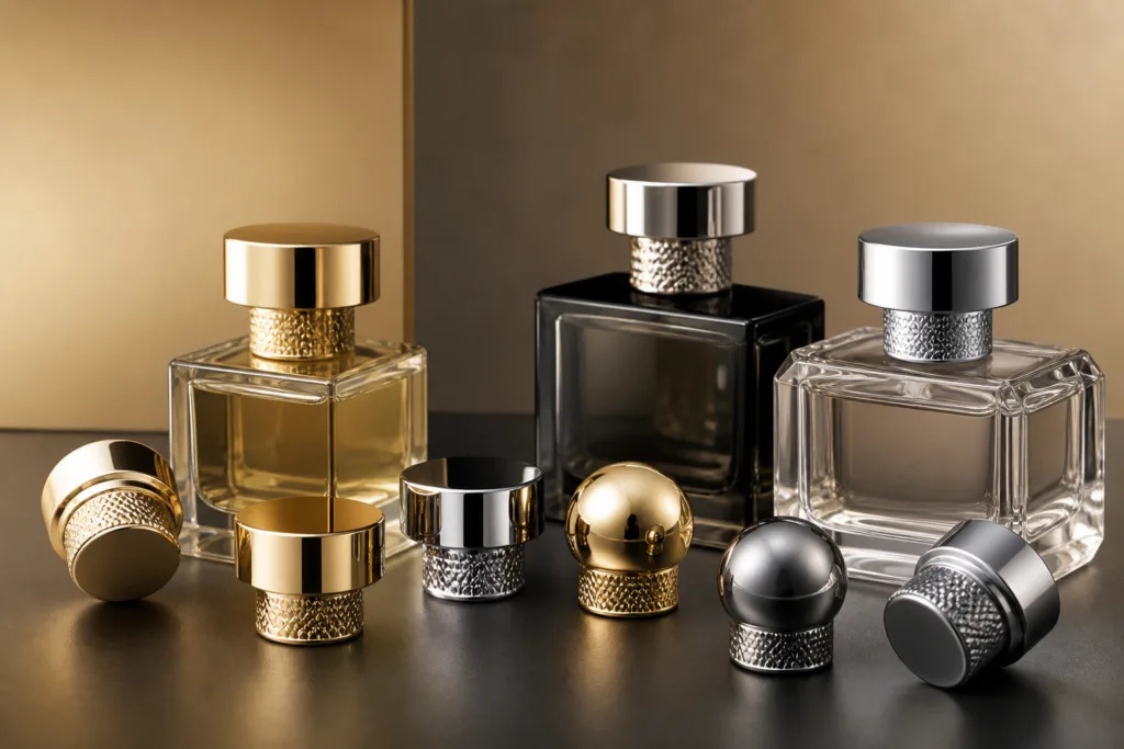 High-end studio product photography of custom polished perfume caps for premium fragrance packaging, featuring refined metal finishes and elegant glass bottles in a B2B manufacturing style.
