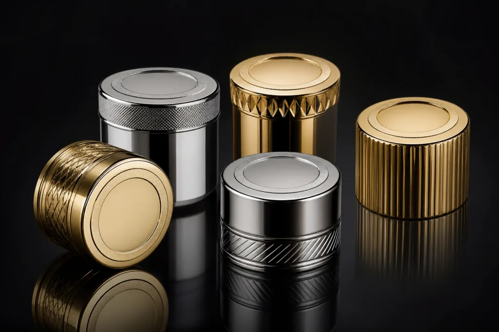A premium product photography scene showing unbranded metallic perfume caps in gold and silver finishes, with subtle engraved logo areas and debossed branding details, photographed against an elegant dark background with realistic studio lighting.