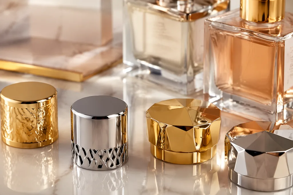 Premium close-up product image of reflective gold and silver perfume caps with smooth metallic texture, styled for luxury fragrance packaging promotion.