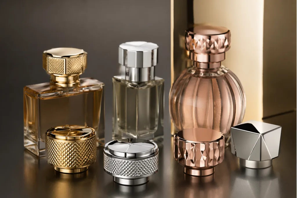High-end studio product image of custom zinc alloy perfume bottle caps with polished electroplated finishes, arranged with elegant glass perfume bottles for luxury fragrance packaging marketing.