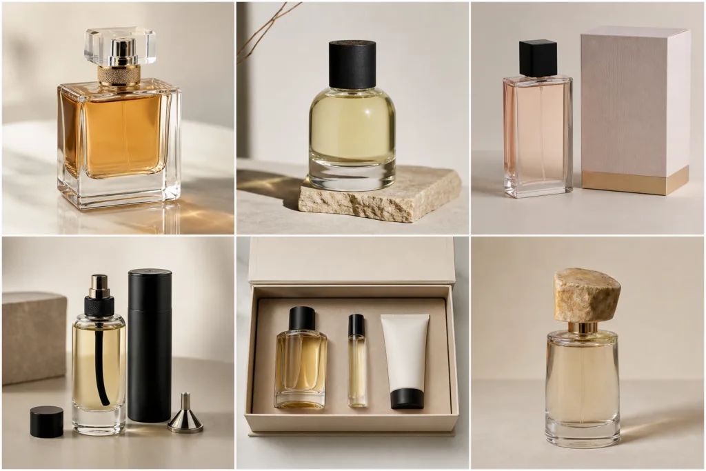 Ultra realistic product photography showing a curated grid of luxury fragrance packaging concepts, including niche bottles, private label perfume, refillable designs, and gift set presentation.