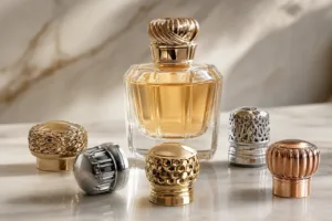 A premium close-up image showing decorative metal perfume caps with a luxury fragrance bottle in a studio setting.