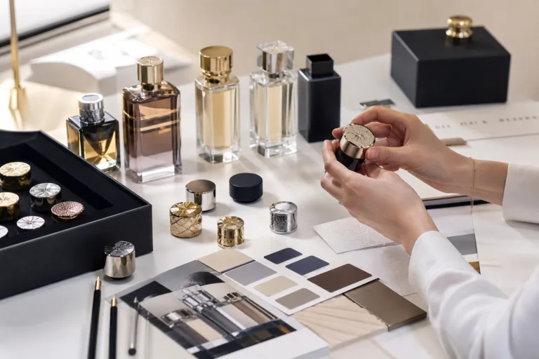 A realistic high-end product photography scene showing a luxury perfume brand owner workspace with custom bottle caps, premium glass perfume bottles, metal finish samples, engraving samples, color swatches, and a packaging moodboard under elegant lighting.