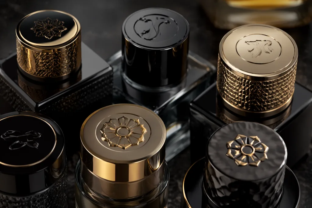 Ultra-detailed close-up of a premium perfume cap featuring refined logo-style decoration details, crafted metal finishes, and luxury fragrance packaging aesthetics.